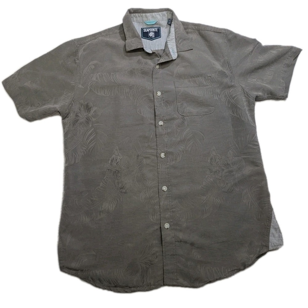 Seapointe Mens M Hawaiian Shirt Taupe Floral Jacquard Rayon‎ Blend Aloha